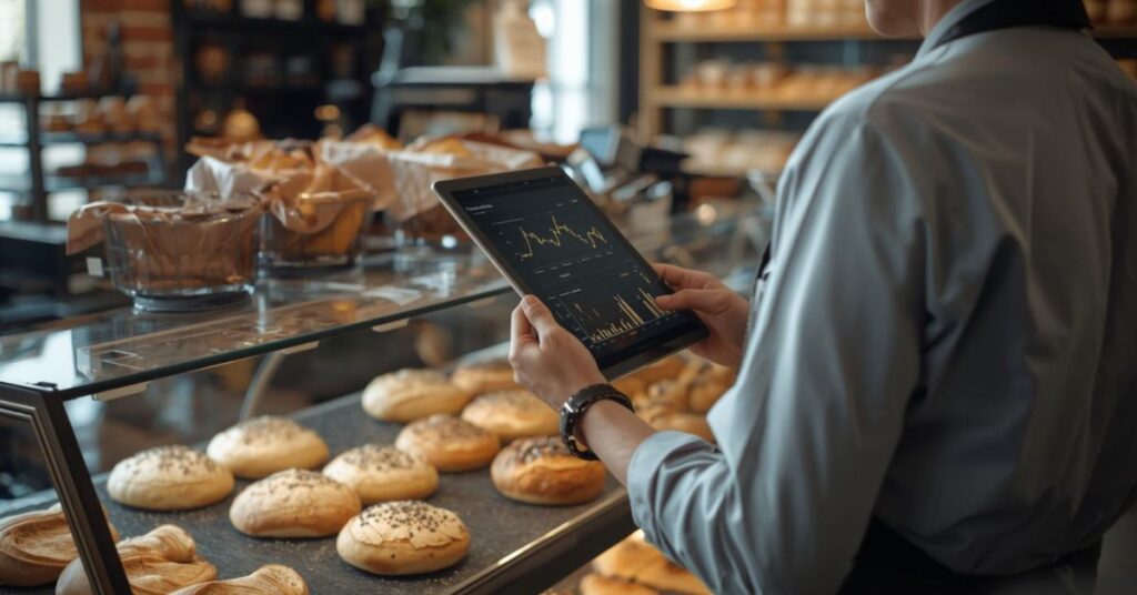 Bäckerei Fachverkäufer steht hinter der Theke und schaut sich auf einem Tablet Daten an.