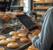 Bäckerei Fachverkäufer steht hinter der Theke und schaut sich auf einem Tablet Daten an.