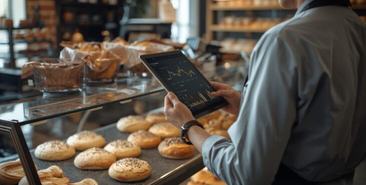 Bäckerei Fachverkäufer steht hinter der Theke und schaut sich auf einem Tablet Daten an.