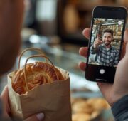 Eine Person steht in einer Bäckerei und schaut sich ein Video von einem Influencer an, während in der anderen Hand Backwaren sind.