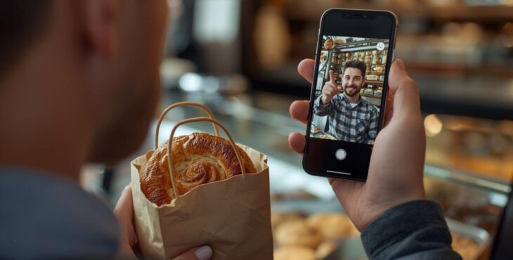 Eine Person steht in einer Bäckerei und schaut sich ein Video von einem Influencer an, während in der anderen Hand Backwaren sind.