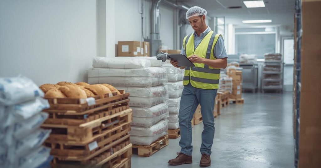 Ein Lager in der Backstube wo Brote, Mehl und Zucker gelagert wird. Ein Mitarbeiter zählt mit modernen Mitteln die Bestände.