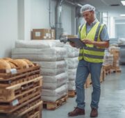 Ein Lager in der Backstube wo Brote, Mehl und Zucker gelagert wird. Ein Mitarbeiter zählt mit modernen Mitteln die Bestände.