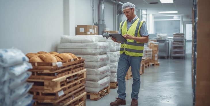 Ein Lager in der Backstube wo Brote, Mehl und Zucker gelagert wird. Ein Mitarbeiter zählt mit modernen Mitteln die Bestände.