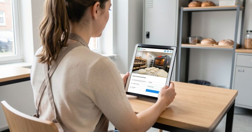 Eine Bäckerei Fachverkäuferin schaut sich in einem Pausenraum eine Schulung über ein E-Learning System an.