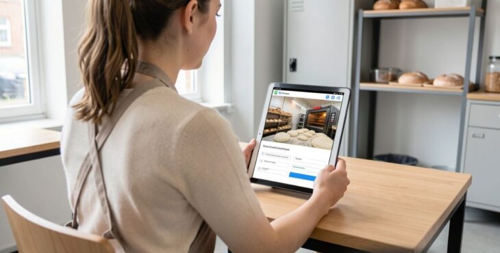 Eine Bäckerei Fachverkäuferin schaut sich in einem Pausenraum eine Schulung über ein E-Learning System an.