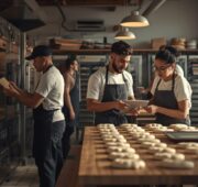 Viele Mitarbeitende arbeiten koordiniert in einem laufenden Produktionsbetrieb einer Backstube