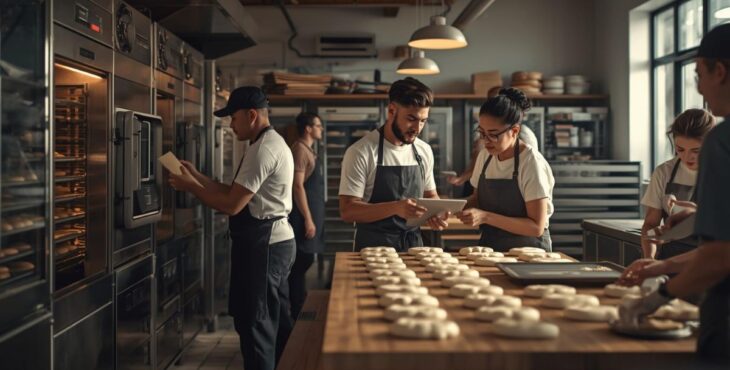 Viele Mitarbeitende arbeiten koordiniert in einem laufenden Produktionsbetrieb einer Backstube