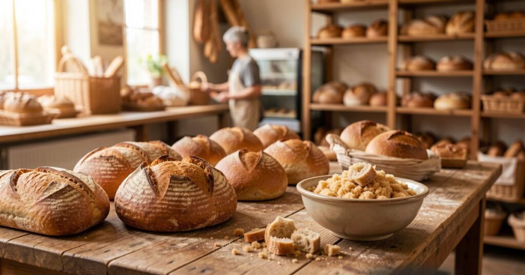 Eine Backstube mit vielen verschiedenen Broten und auch altem Brot auf einer Holzfläche.