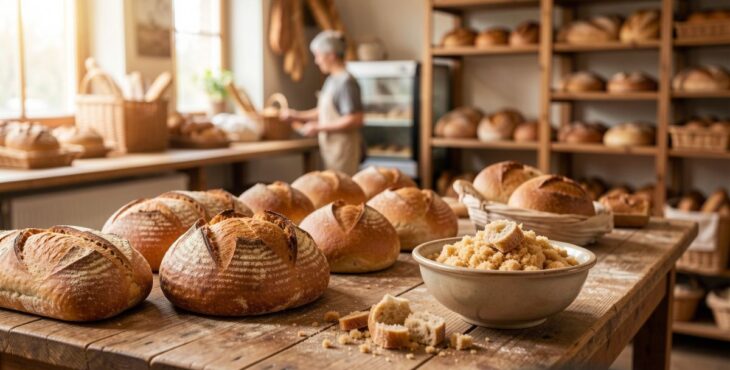 Eine Backstube mit vielen verschiedenen Broten und auch altem Brot auf einer Holzfläche.