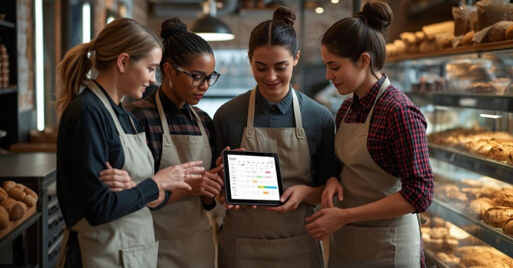 Bäckerei Fachverkäuferinnen, die hinter der Theke sich den digitalen Schichtplan auf dem Tablet anschauen.