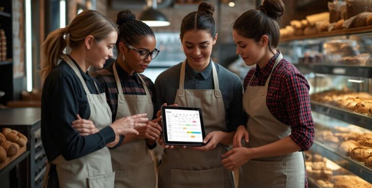 Bäckerei Fachverkäuferinnen, die hinter der Theke sich den digitalen Schichtplan auf dem Tablet anschauen.
