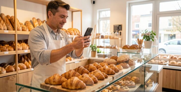 Ein Bäckerei Verkäufer macht Social Media Content für von den Backwaren in der Theke.