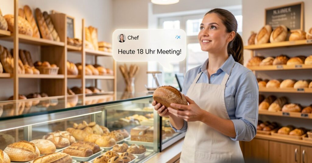 Eine Bäckerei Verkäuferin ist am arbeiten, während sie die Nachricht "Heute 18 Uhr Meeting!" liest.