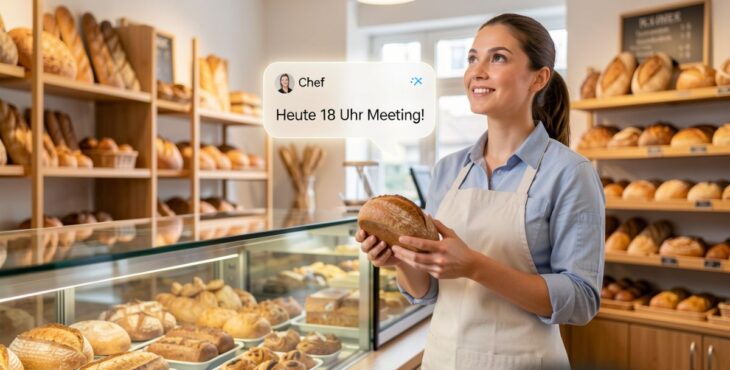 Eine Bäckerei Verkäuferin ist am arbeiten, während sie die Nachricht "Heute 18 Uhr Meeting!" liest.