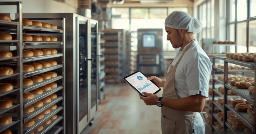 Ein Bäcker steht in der Backstube vor vielen versandfertigen Broten und schaut sich digitalisiert auf einem Tablet die Backwarenproduktion an.