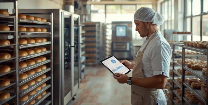 Ein Bäcker steht in der Backstube vor vielen versandfertigen Broten und schaut sich digitalisiert auf einem Tablet die Backwarenproduktion an.