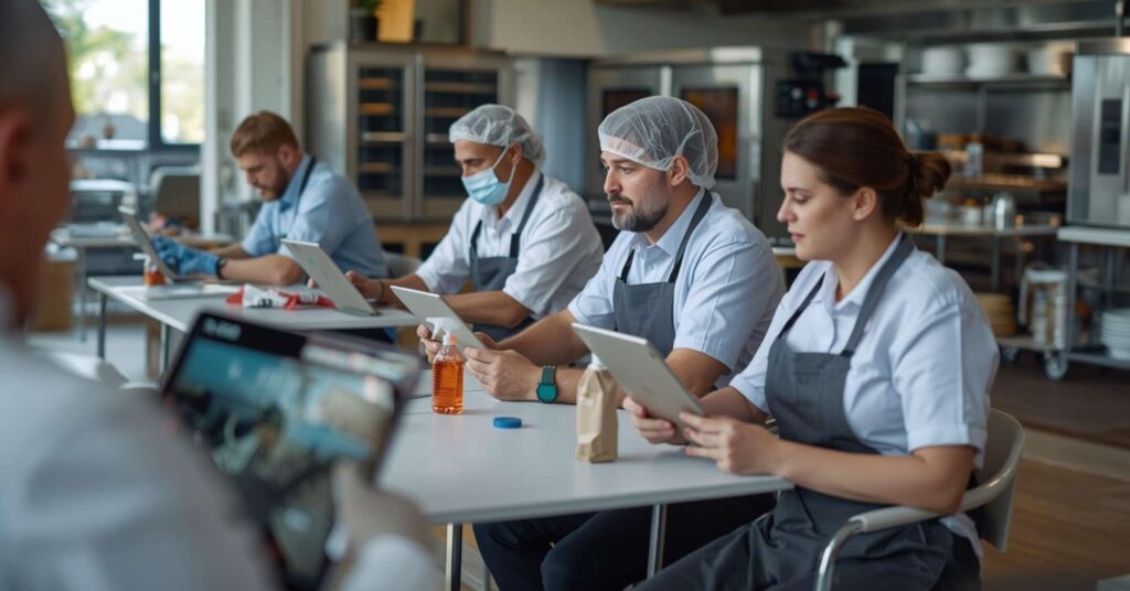 Viele Bäckerei-Mitarbeiter sitzen in einem Raum an Tischen und schauen sich auf ihren IPads E-learning Schulungen zu dem Thema Hygiene an.
