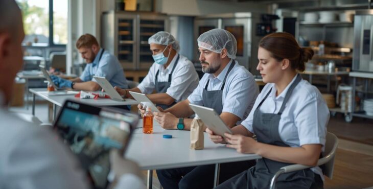 Viele Bäckerei-Mitarbeiter sitzen in einem Raum an Tischen und schauen sich auf ihren IPads E-learning Schulungen zu dem Thema Hygiene an.
