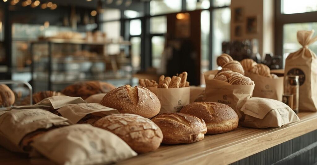 In einer Bäckerei-Filiale liegen auf dem Tisch verschiedene Brote, verpackt in nachhaltigen Verpackungen.