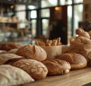 In einer Bäckerei-Filiale liegen auf dem Tisch verschiedene Brote, verpackt in nachhaltigen Verpackungen.