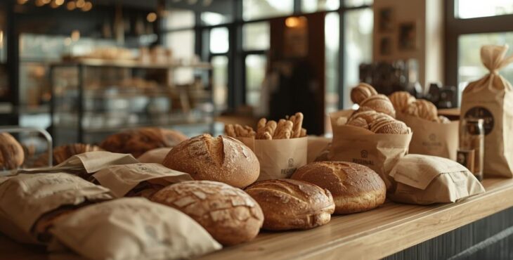 In einer Bäckerei-Filiale liegen auf dem Tisch verschiedene Brote, verpackt in nachhaltigen Verpackungen.