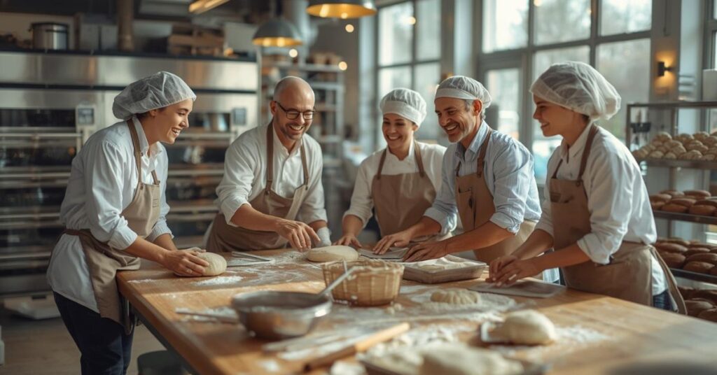 Eine Gruppe von 5 Mitarbeitenden arbeitet motiviert und glücklich gemeinsam in einer Backstube.