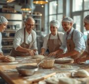 Eine Gruppe von 5 Mitarbeitenden arbeitet motiviert und glücklich gemeinsam in einer Backstube.