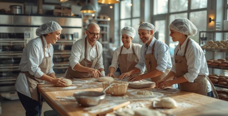 Eine Gruppe von 5 Mitarbeitenden arbeitet motiviert und glücklich gemeinsam in einer Backstube.