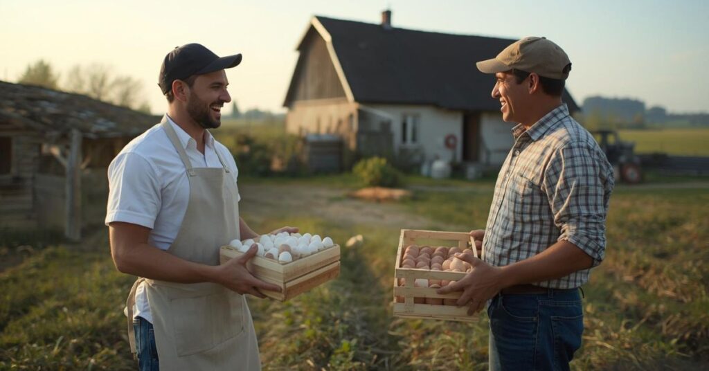 Ein Bäcker holt Eier für seine Bäckerei von einem regionalen Bauernhof ab.