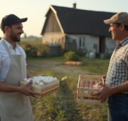 Ein Bäcker holt Eier für seine Bäckerei von einem regionalen Bauernhof ab.