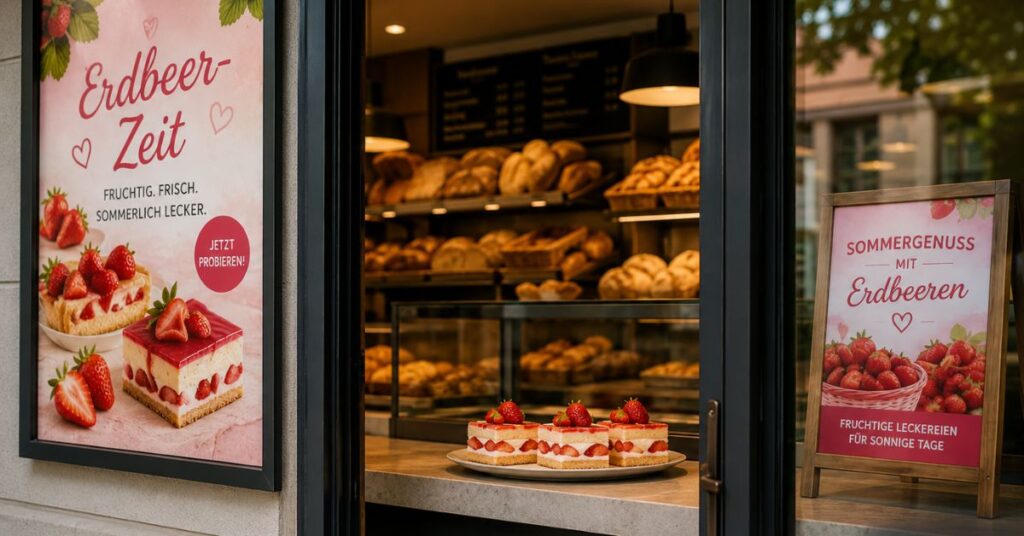 Bäckerei Filiale mit Werbeplakaten zur Erdbeerzeit. Auf dem. Tresen stehen Erdbeer-Torten.