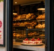 Bäckerei Filiale mit Werbeplakaten zur Erdbeerzeit. Auf dem. Tresen stehen Erdbeer-Torten.