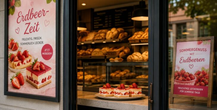 Bäckerei Filiale mit Werbeplakaten zur Erdbeerzeit. Auf dem. Tresen stehen Erdbeer-Torten.