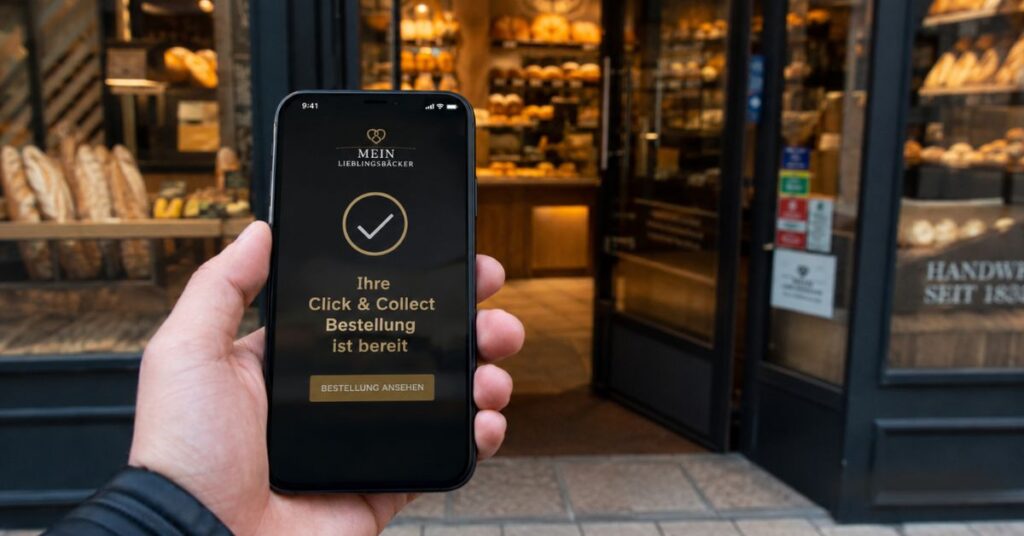 Person hält ein Smartphone mit einer Benachrichtigung zur abholbereiten Click-&-Collect-Bestellung vor dem Eingang einer Bäckerei.