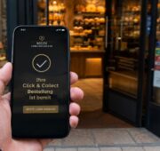 Person hält ein Smartphone mit einer Benachrichtigung zur abholbereiten Click-&-Collect-Bestellung vor dem Eingang einer Bäckerei.