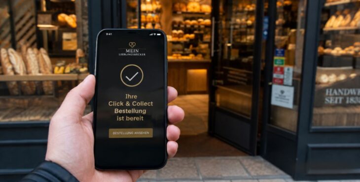Person hält ein Smartphone mit einer Benachrichtigung zur abholbereiten Click-&-Collect-Bestellung vor dem Eingang einer Bäckerei.