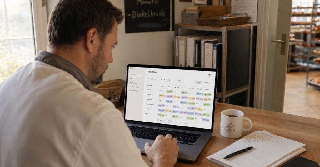 Ein Bäckereiinhaber sitzt an einem Schreibtisch und erstellt am Laptop einen digitalen Schichtplan. Daneben stehen eine Kaffeetasse, Notizen und ein Smartphone, im Hintergrund ist die Backstube zu sehen.