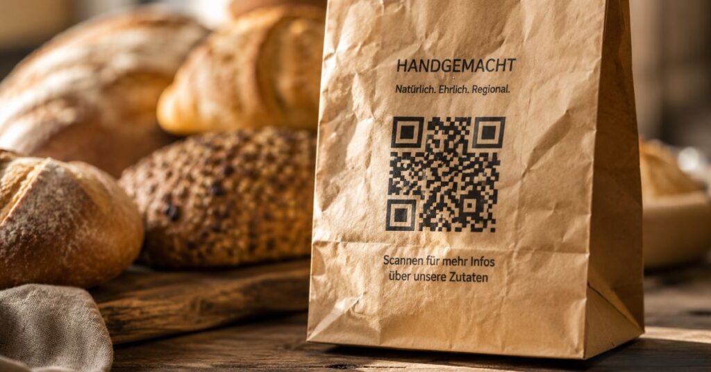 Nahaufnahme einer Bäckertüte aus braunem Papier mit aufgedrucktem QR-Code. Im Hintergrund sind unscharf verschiedene Brote und Brötchen in einer warm beleuchteten Bäckerei zu sehen. Auf der Tüte befindet sich ein Hinweis zum Abrufen von Zutateninformationen per QR-Code.