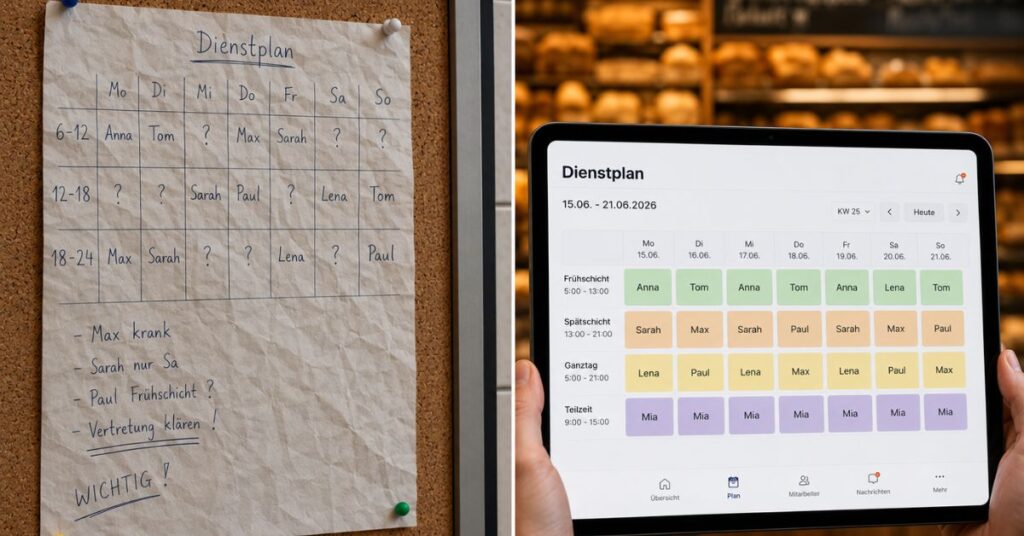 Geteiltes Bild: Links ein handschriftlicher, unübersichtlicher Dienstplan an einer Pinnwand, rechts ein digitaler Dienstplan auf einem Tablet in einer Bäckerei.