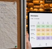 Geteiltes Bild: Links ein handschriftlicher, unübersichtlicher Dienstplan an einer Pinnwand, rechts ein digitaler Dienstplan auf einem Tablet in einer Bäckerei.