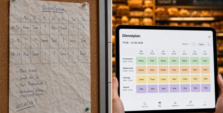 Geteiltes Bild: Links ein handschriftlicher, unübersichtlicher Dienstplan an einer Pinnwand, rechts ein digitaler Dienstplan auf einem Tablet in einer Bäckerei.