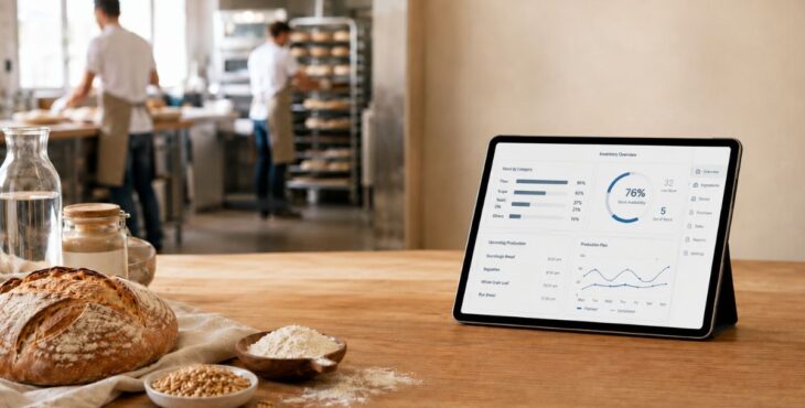 Auf einem Holztisch stehen ein Sauerteigbrot, Mehl und Getreide neben einem Tablet mit digitaler Warenwirtschaft. Im Hintergrund arbeiten zwei Bäcker in einer modern ausgestatteten Backstube.