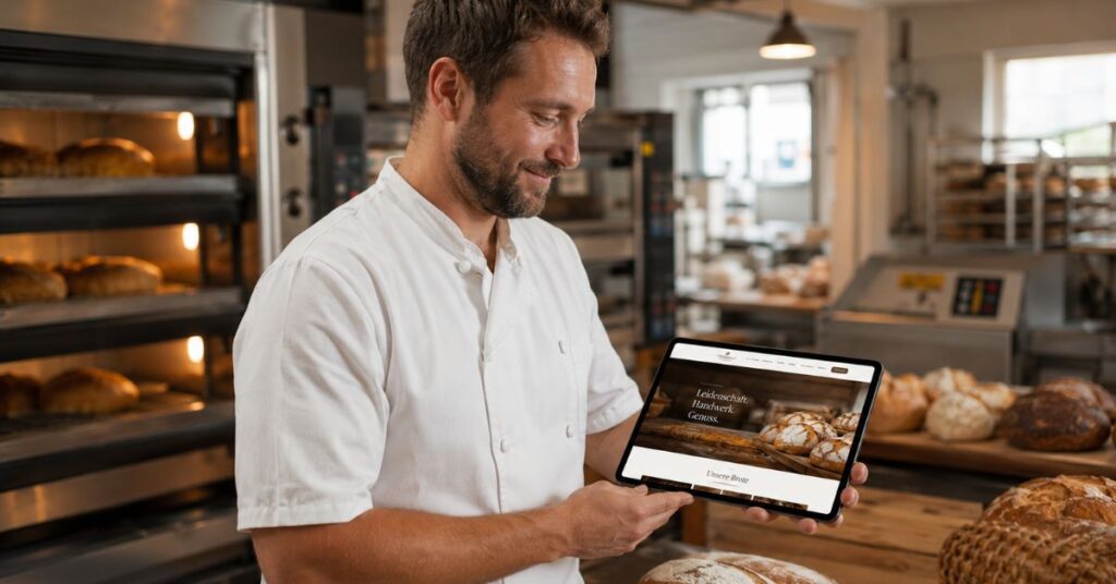 Ein Bäcker in weißer Arbeitskleidung steht in einer Backstube und betrachtet zufrieden ein Tablet mit einer Bäckerei-Website. Im Hintergrund sind Backöfen, Arbeitsflächen und frisch gebackene Brote zu sehen.