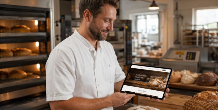 Ein Bäcker in weißer Arbeitskleidung steht in einer Backstube und betrachtet zufrieden ein Tablet mit einer Bäckerei-Website. Im Hintergrund sind Backöfen, Arbeitsflächen und frisch gebackene Brote zu sehen.