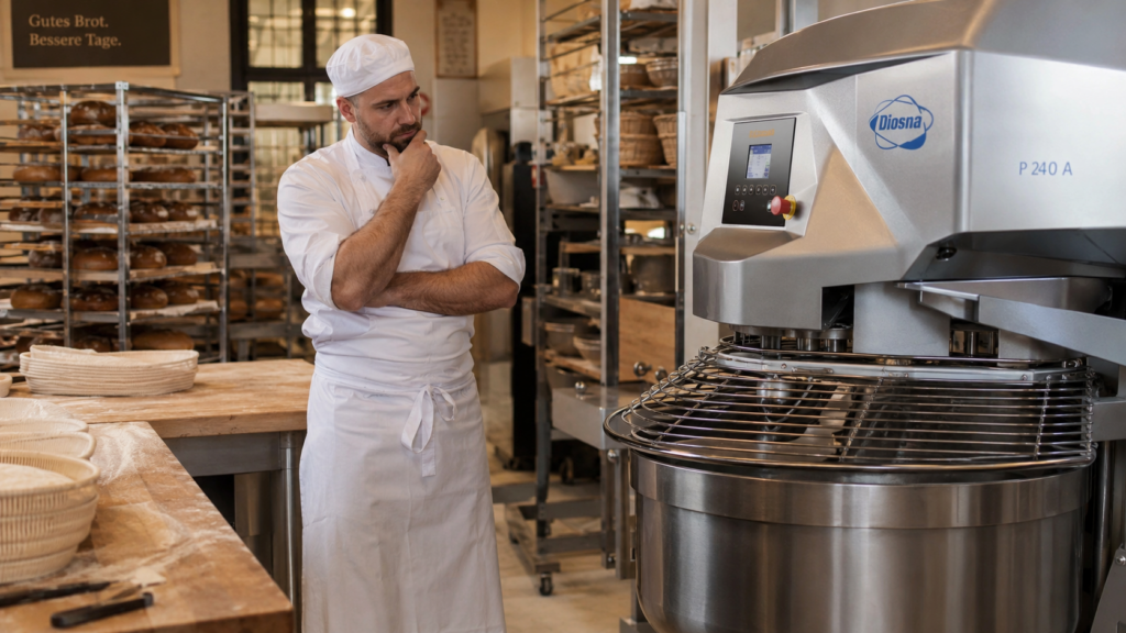 Bäckereihandwerk-nachdenklicher-bäcker-neben-industriemixer