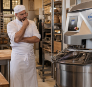 Bäckereihandwerk-nachdenklicher-bäcker-neben-industriemixer